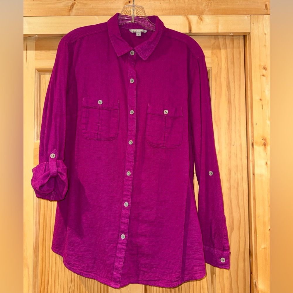 Royal Robbins Shirt Womens Roll Sleeve Linen Look Tailored back Tunic Sz Large